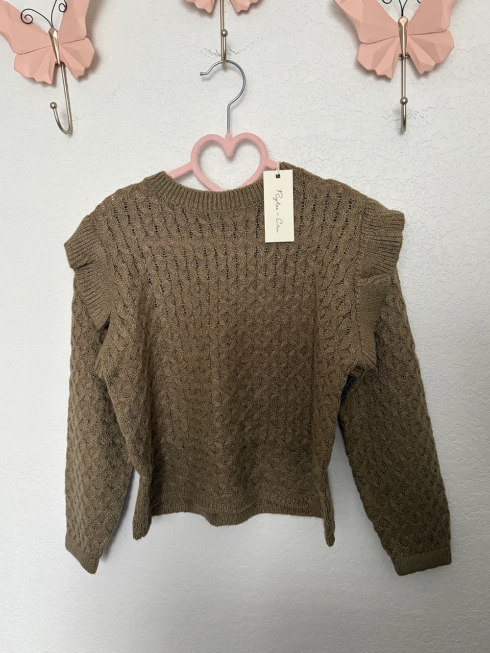 Rylee + Cru Olive Cable Knit Ruffle Shoulder Sweater